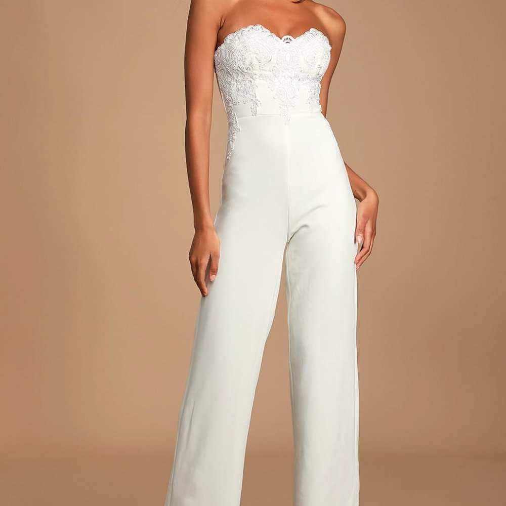 Lulus ALL YOUR HEART WHITE LACE STRAPLESS JUMPSUIT